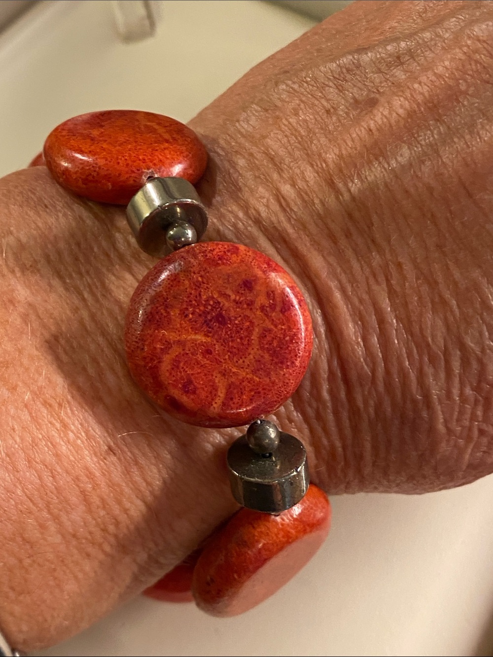 Red Sponge Coral Disc Bead Bracelet 7.5” Toggle Clasp Statement